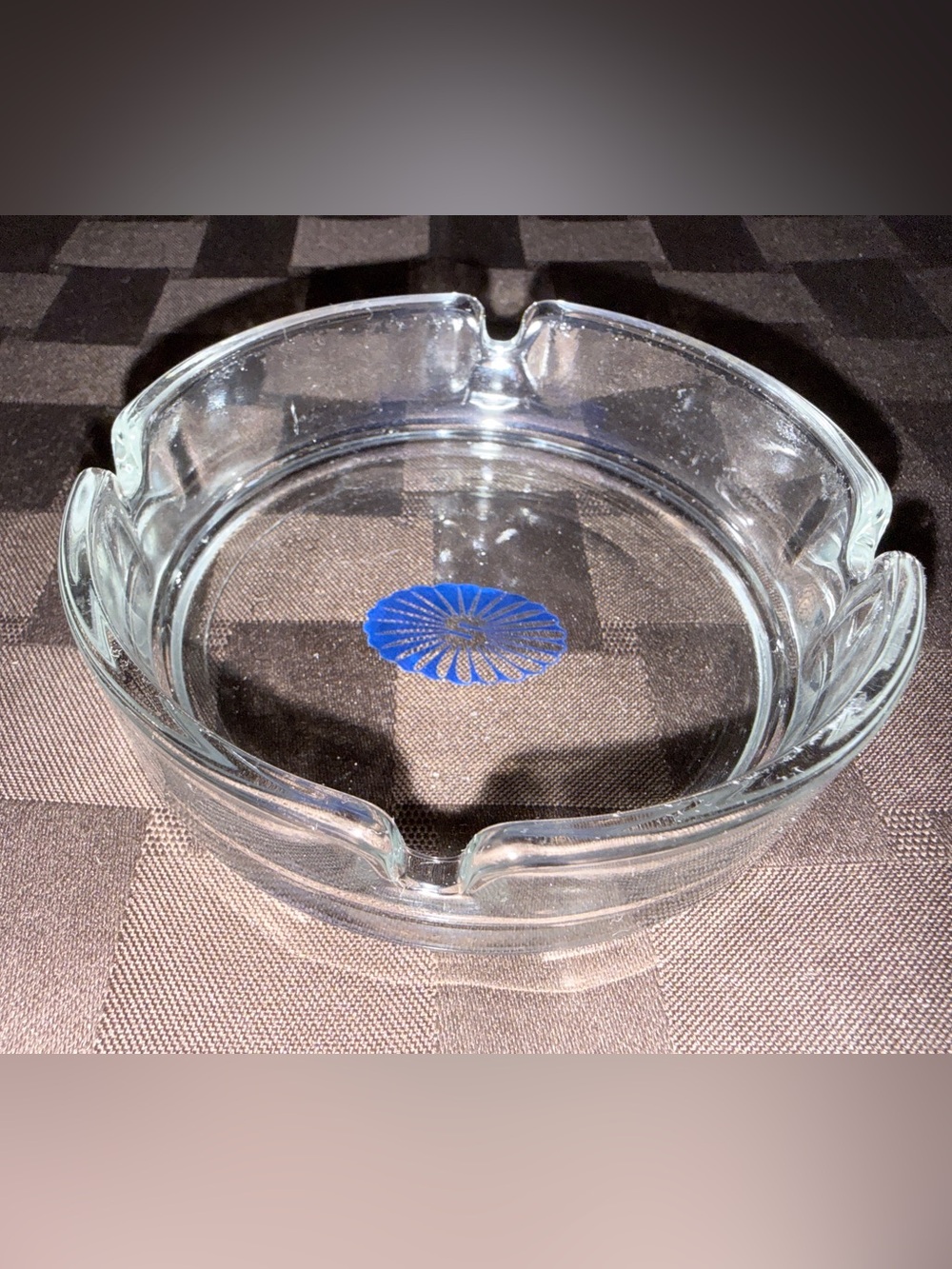 Vintage Clear Glass Ashtray Blue Radial Logo Made in France 4 Cigarette Slots